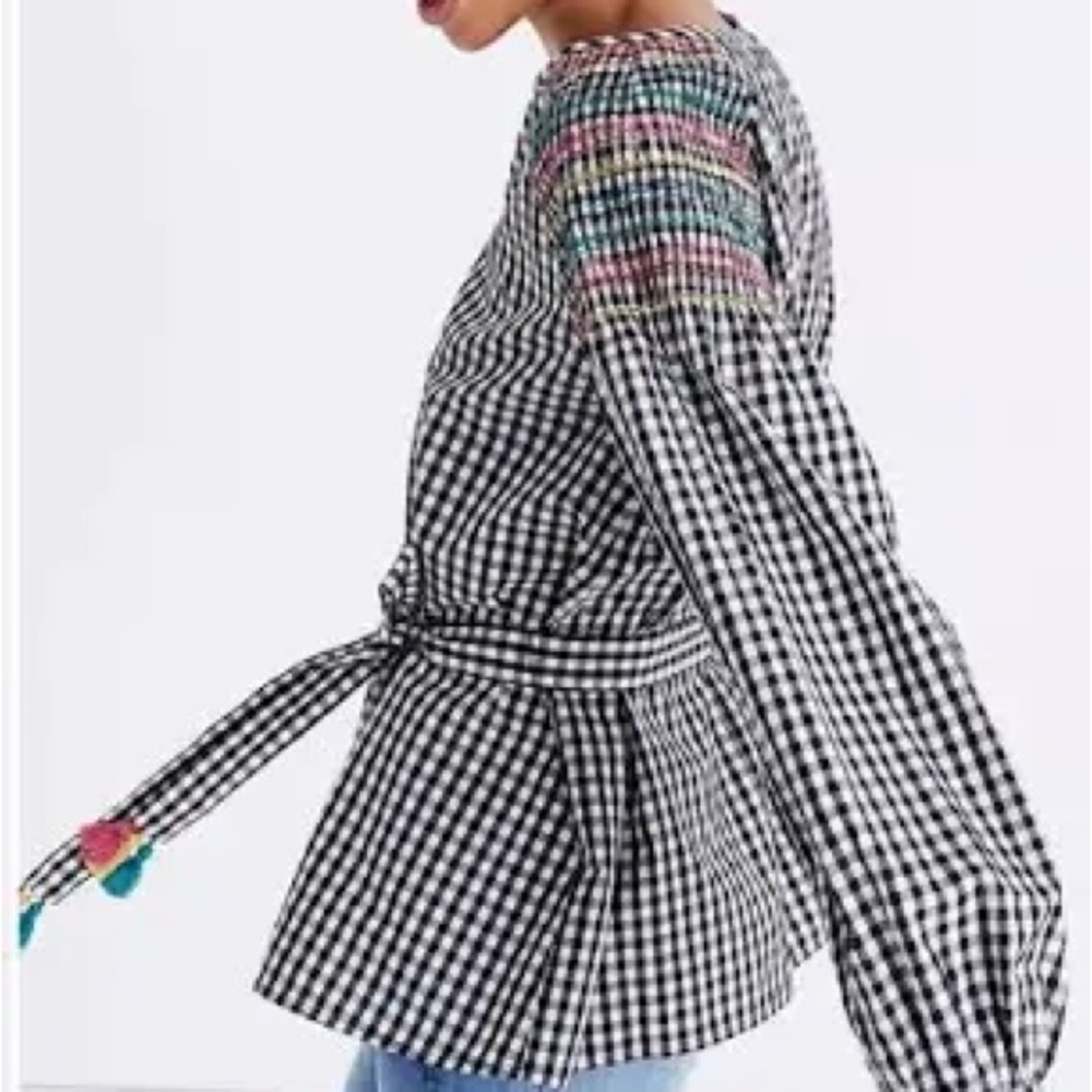 Madewell Smocked Gingham Blouse With Tassel Belt - Picture 2 of 14